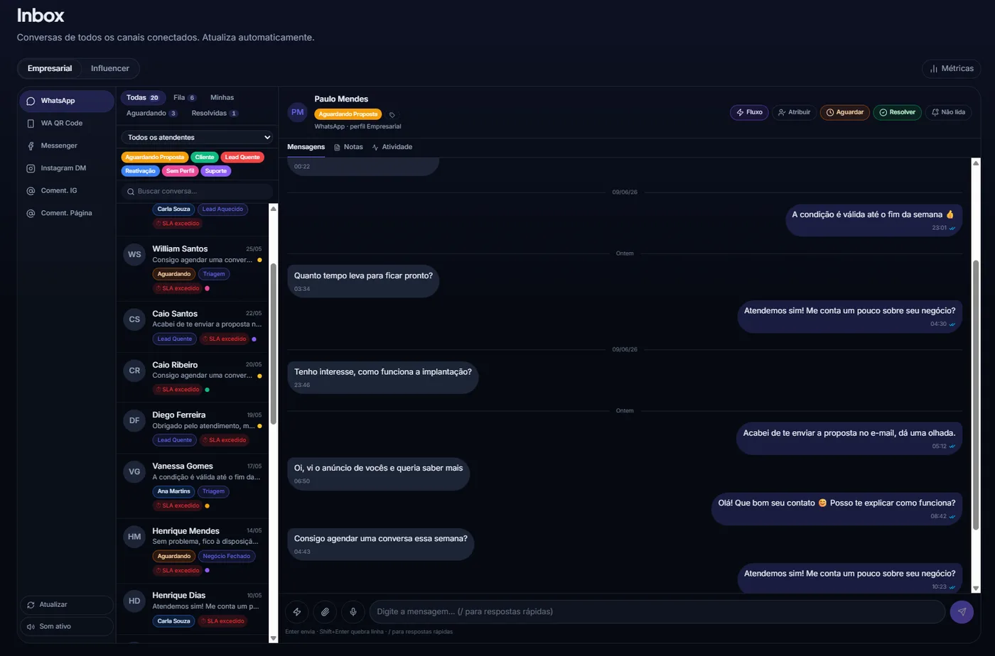 Inbox omnicanal da Máquina de Vendas com conversas de WhatsApp e Instagram